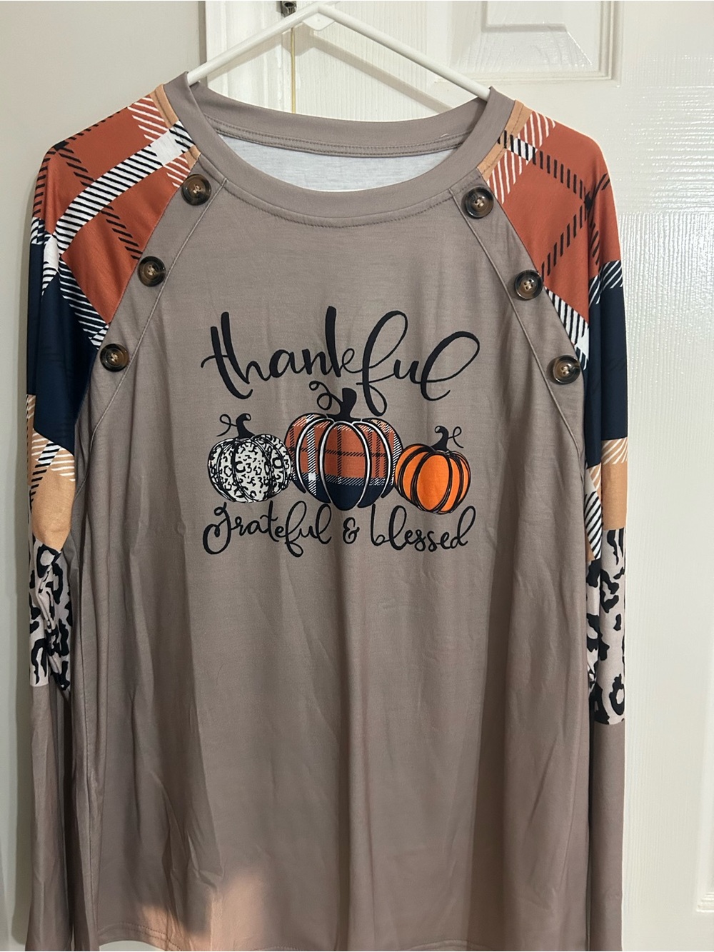 Thankful Grateful & Blessed Long Sleeve Tee - Taupe with Plaid Accents
